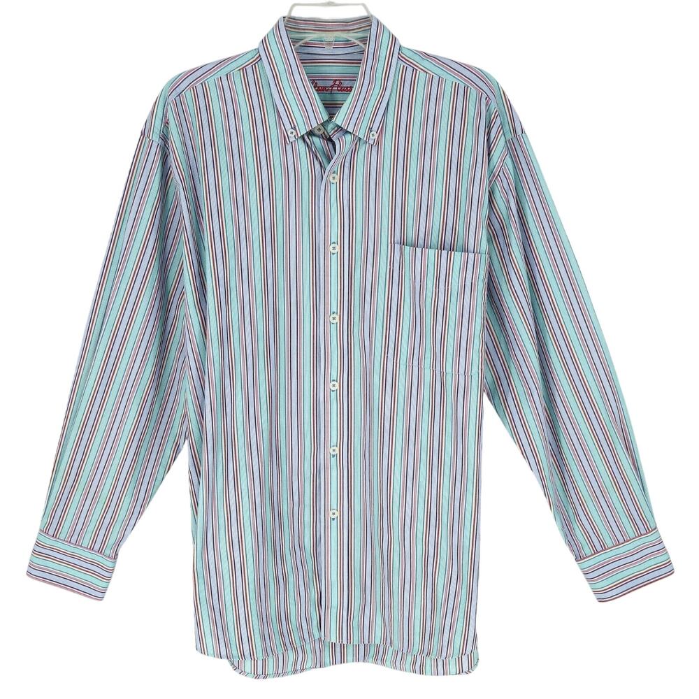 Alan Flusser Dress Shirt Mens Large Green Pink Stripe Button Down Cotton Casual
